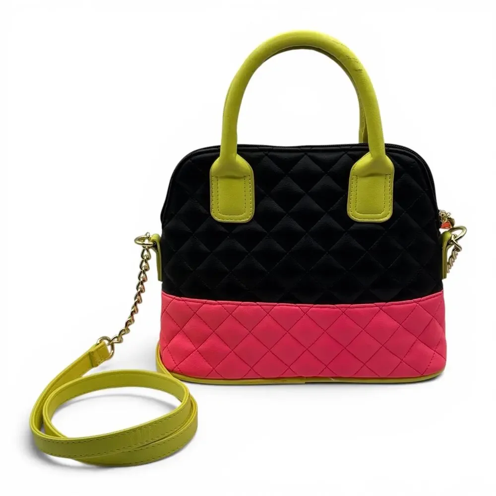 Luv Betsey by Betsey Johnson Black Pink Quilted Satchel Crossbody Bag Gold Chain